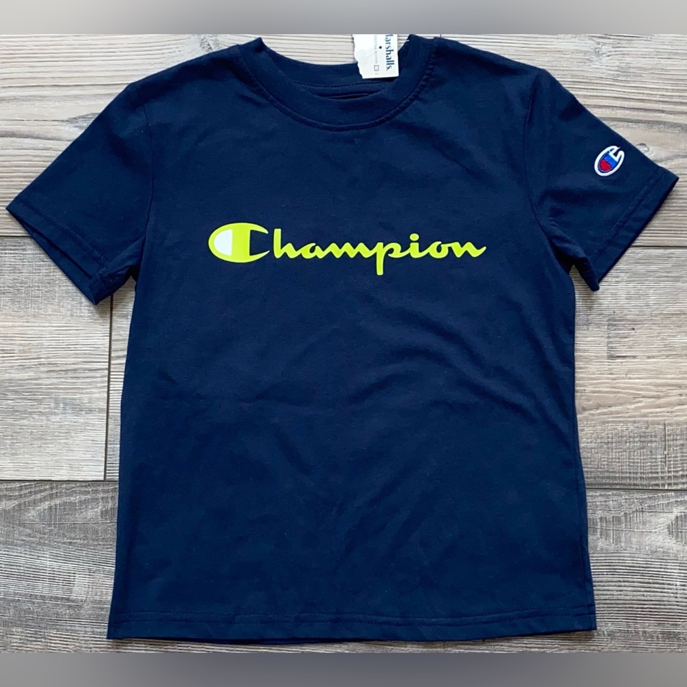 NWT Champion Athletic Tee Navy Blue Line Green Script Logo T-Shirt Boy’s Size 6